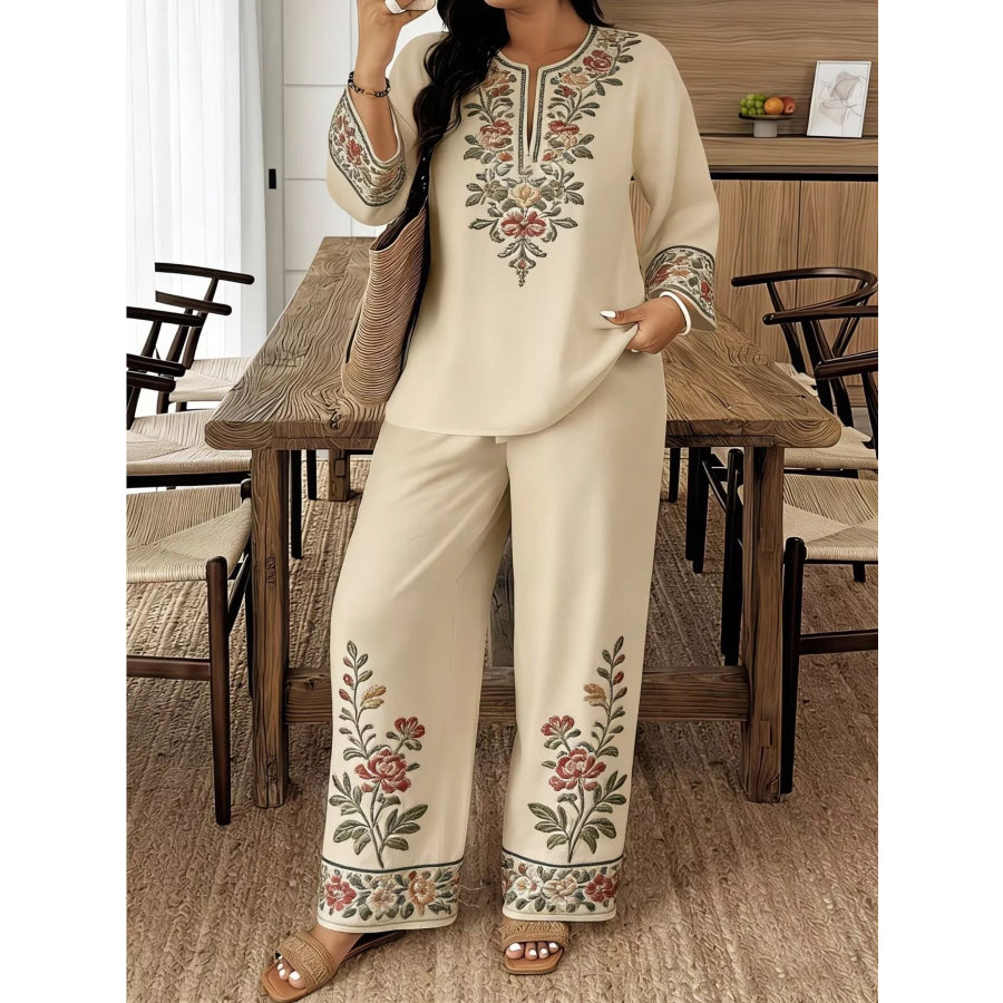 Full Size Embroidered Long Sleeve Top and Pants Set Plus Size Apricot / S Apparel and Accessories