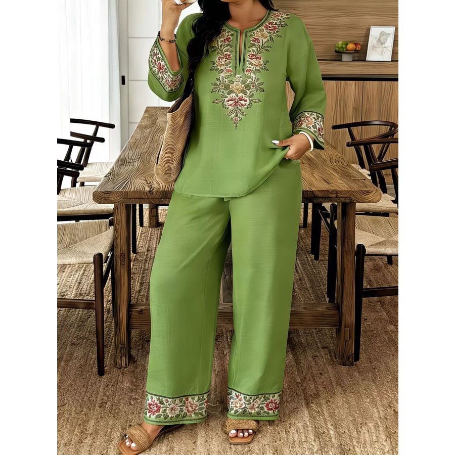 Full Size Embroidered Long Sleeve Top and Pants Set Plus Size Green / S Apparel and Accessories