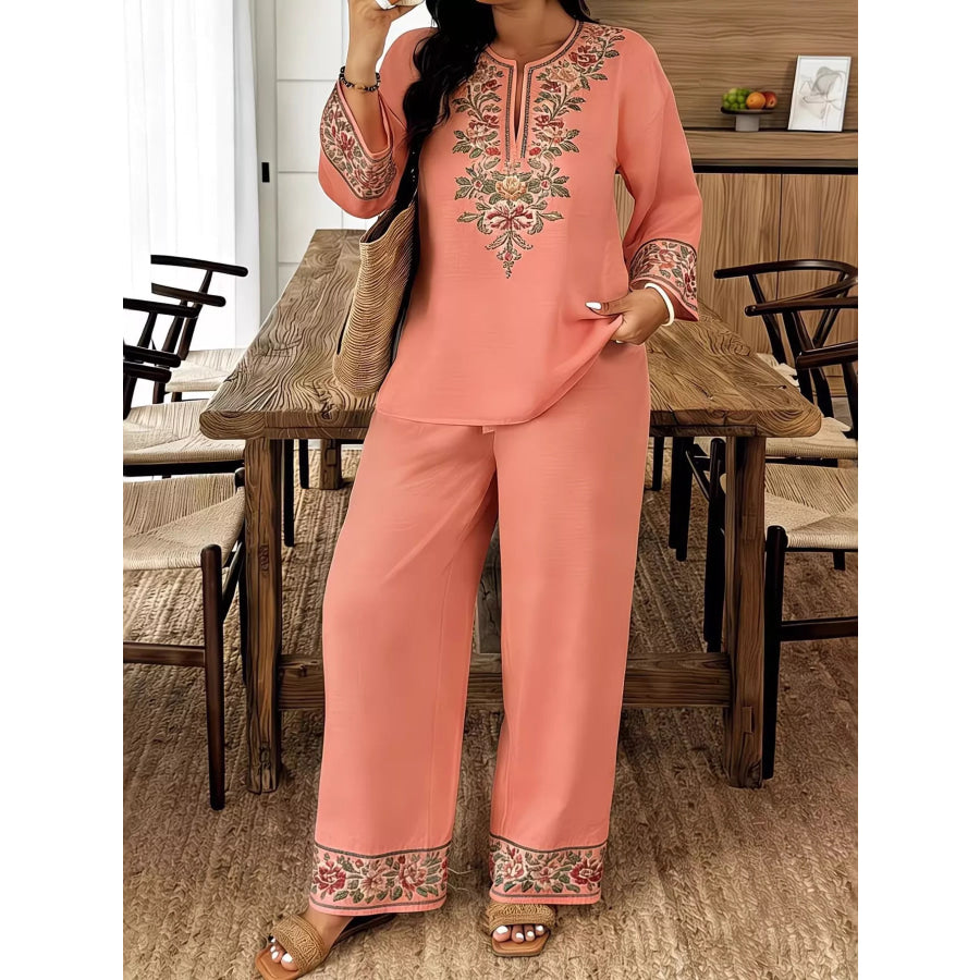 Full Size Embroidered Long Sleeve Top and Pants Set Plus Size Pink / S Apparel and Accessories