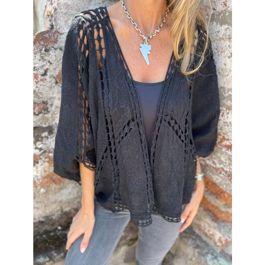 Full Size Embroidered Open Front Cardigan Plus Size Black / S Apparel and Accessories