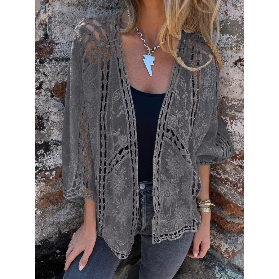Full Size Embroidered Open Front Cardigan Plus Size Gray / S Apparel and Accessories