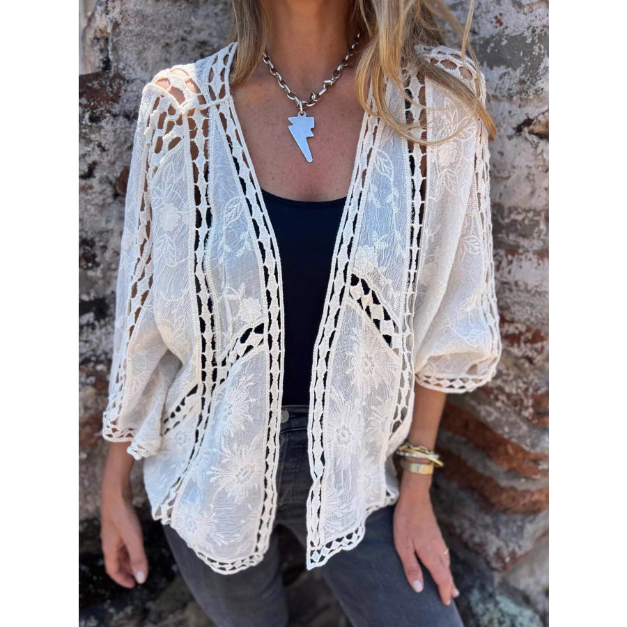 Full Size Embroidered Open Front Cardigan Plus Size Off-white / S Apparel and Accessories