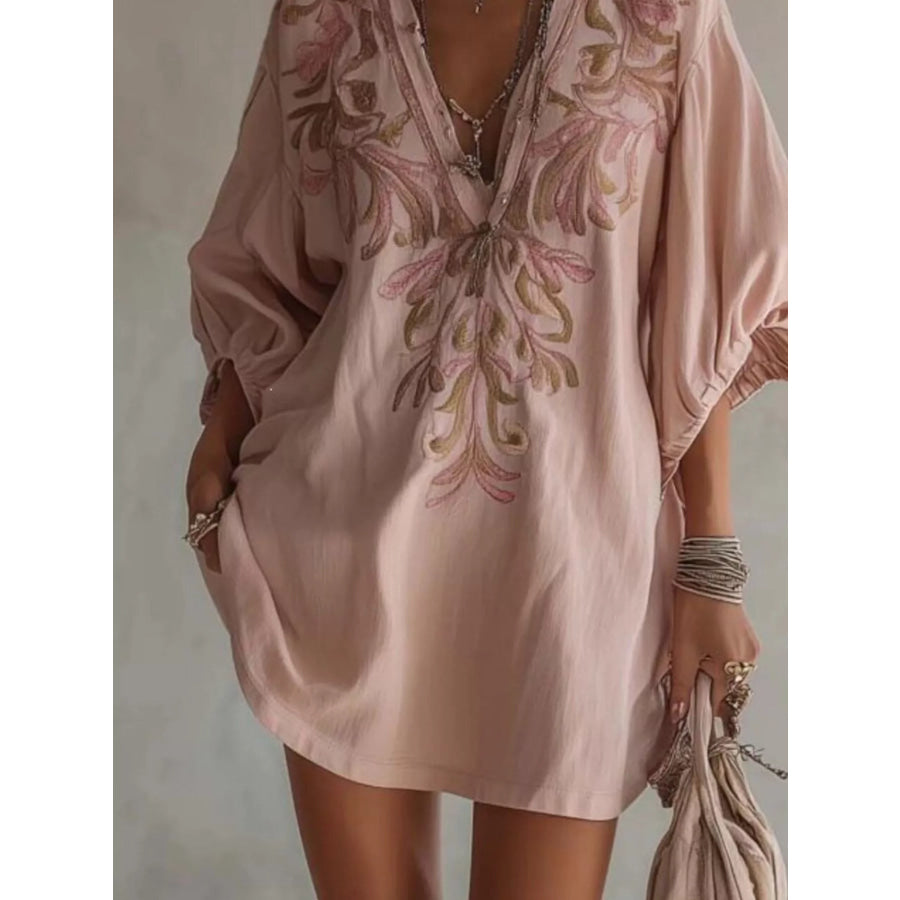 Full Size Embroidered V-Neck Mini Dress Plus Size Apparel and Accessories