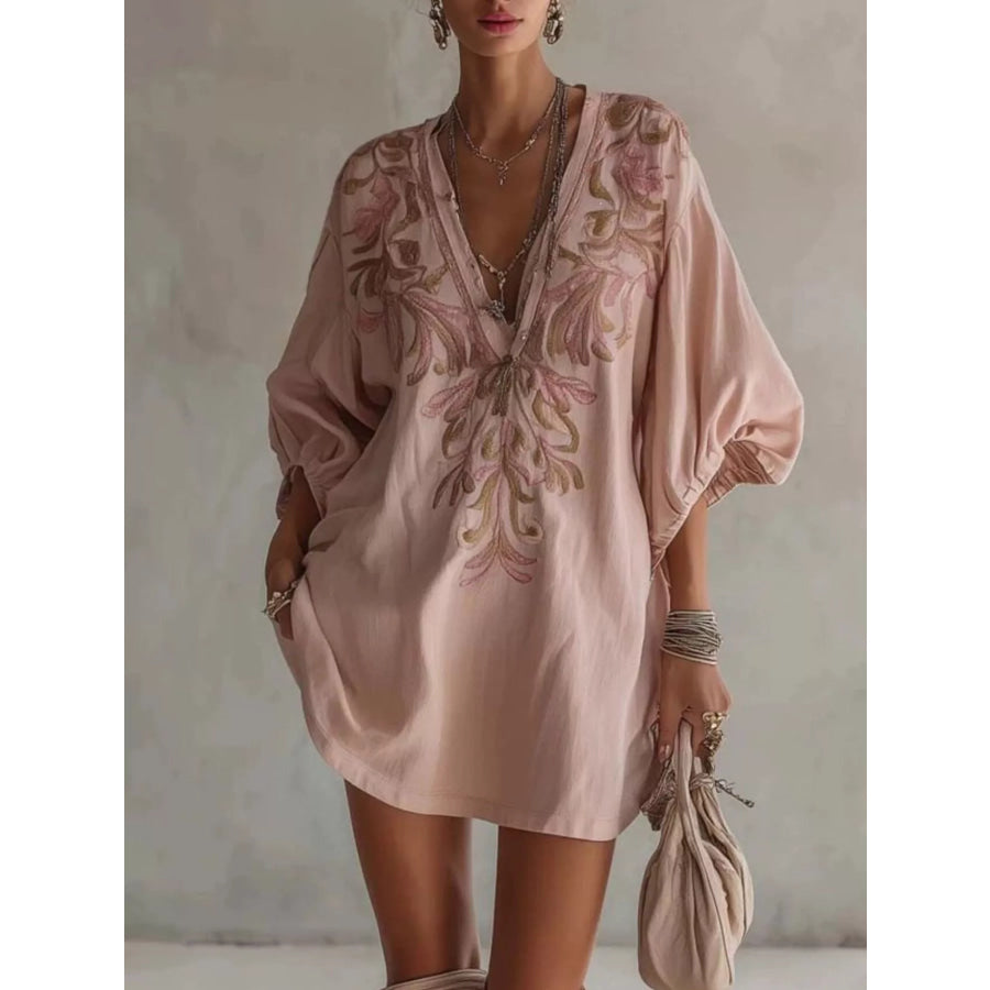 Full Size Embroidered V-Neck Mini Dress Plus Size Dusty Pink / S Apparel and Accessories