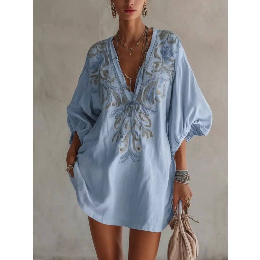 Full Size Embroidered V-Neck Mini Dress Plus Size Light Blue / S Apparel and Accessories