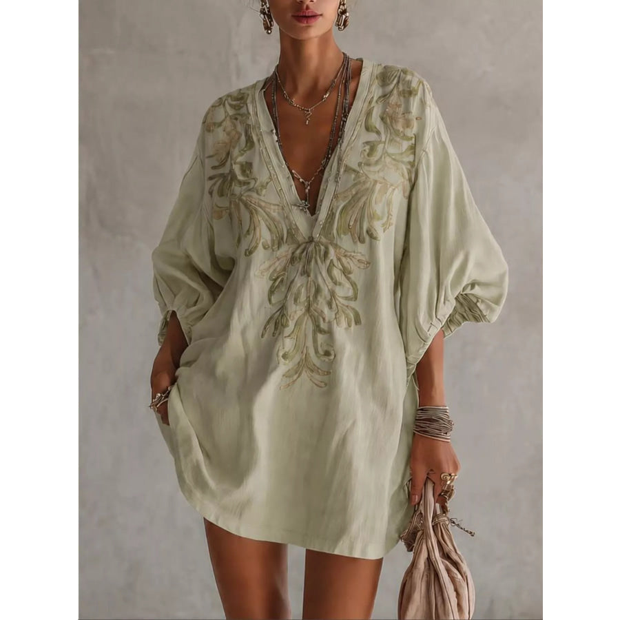Full Size Embroidered V-Neck Mini Dress Plus Size Light Green / S Apparel and Accessories