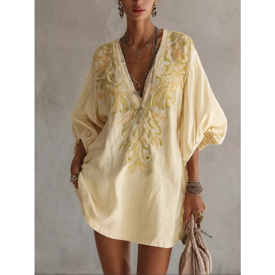 Full Size Embroidered V-Neck Mini Dress Plus Size Pastel Yellow / S Apparel and Accessories