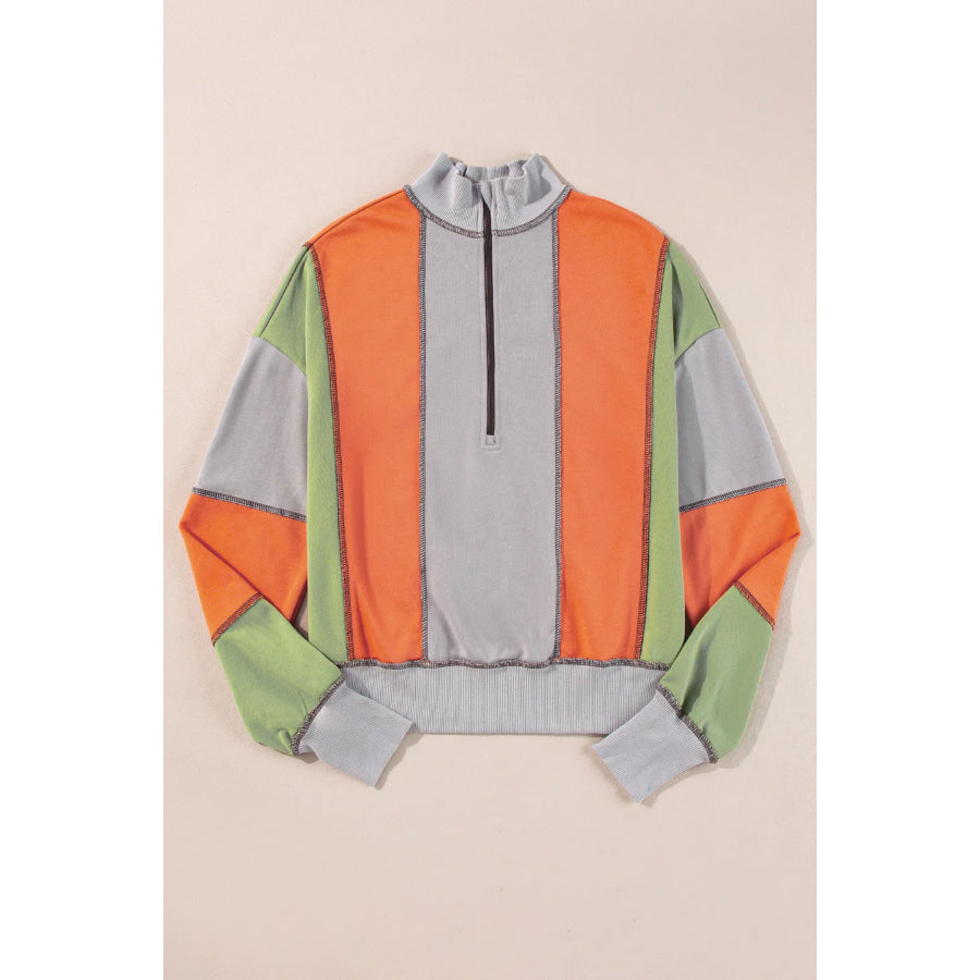 Full Size Exposed Seam Color Block Long Sleeve Sweatshirt Apparel and Accessories