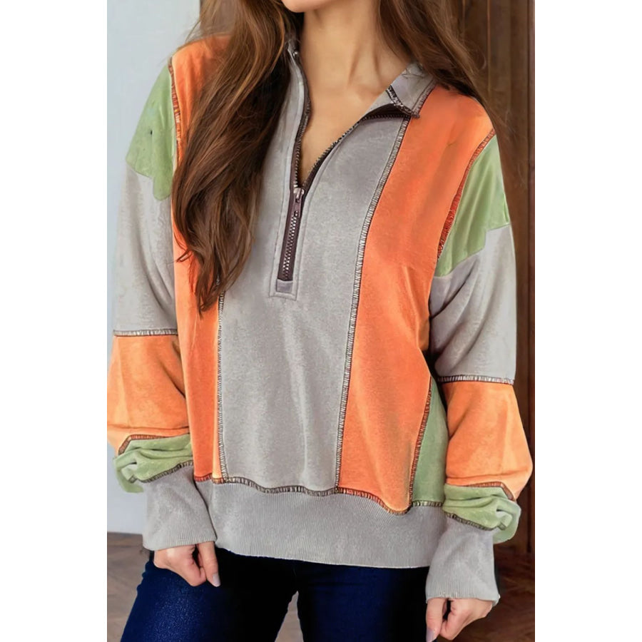 Full Size Exposed Seam Color Block Long Sleeve Sweatshirt Gray / S Apparel and Accessories