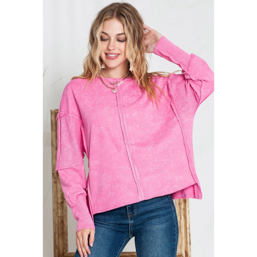 Full Size Exposed Seams Round Neck Dropped Shoulder Sweatshirt Fuchsia Pink / S