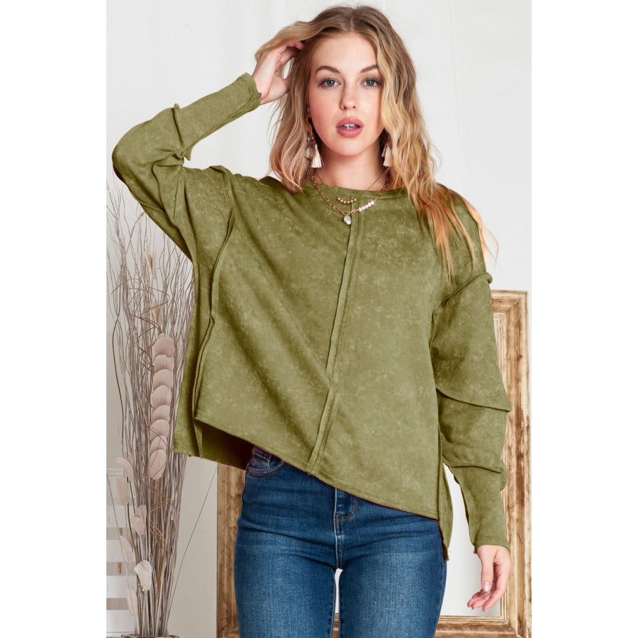 Full Size Exposed Seams Round Neck Dropped Shoulder Sweatshirt Moss / S