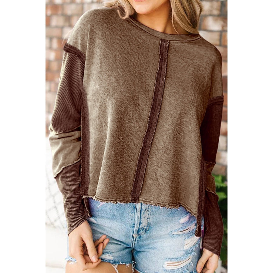 Full Size Exposed Seams Round Neck Dropped Shoulder Sweatshirt Taupe / 2XL