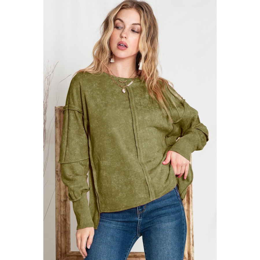 Full Size Exposed Seams Round Neck Dropped Shoulder Sweatshirt