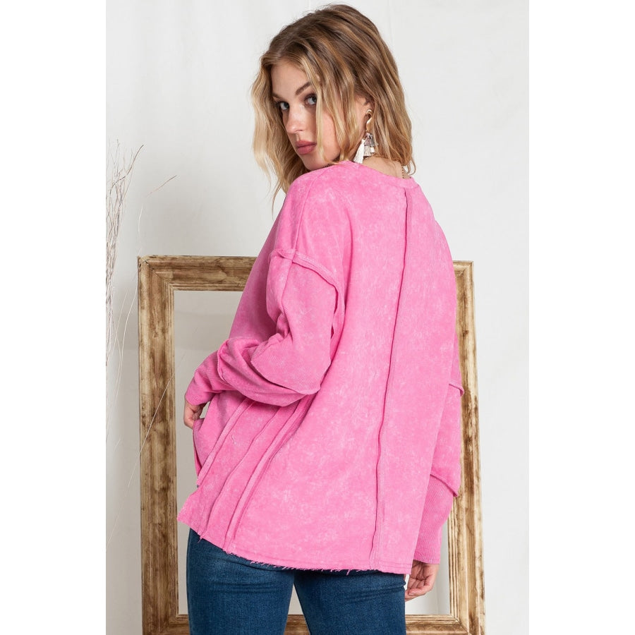 Full Size Exposed Seams Round Neck Dropped Shoulder Sweatshirt Fuchsia Pink / S