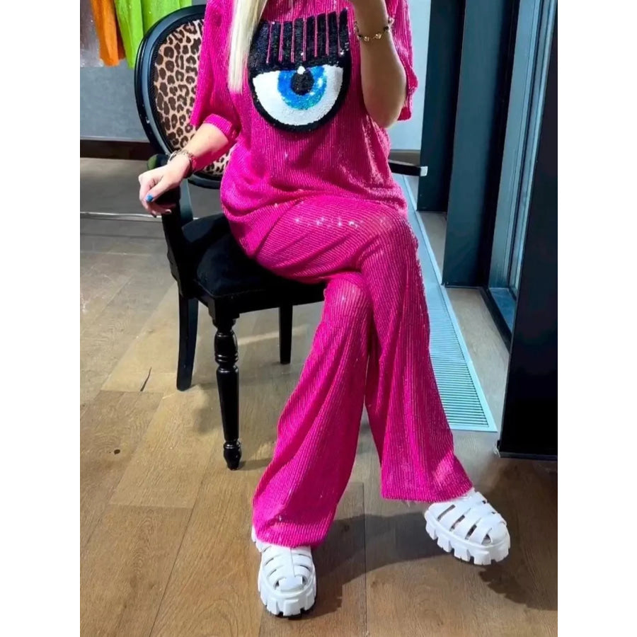 Full Size Eye-Pattern Round Neck Top and Pants Two-Piece Set Plus Size Rose Red / S Apparel and Accessories