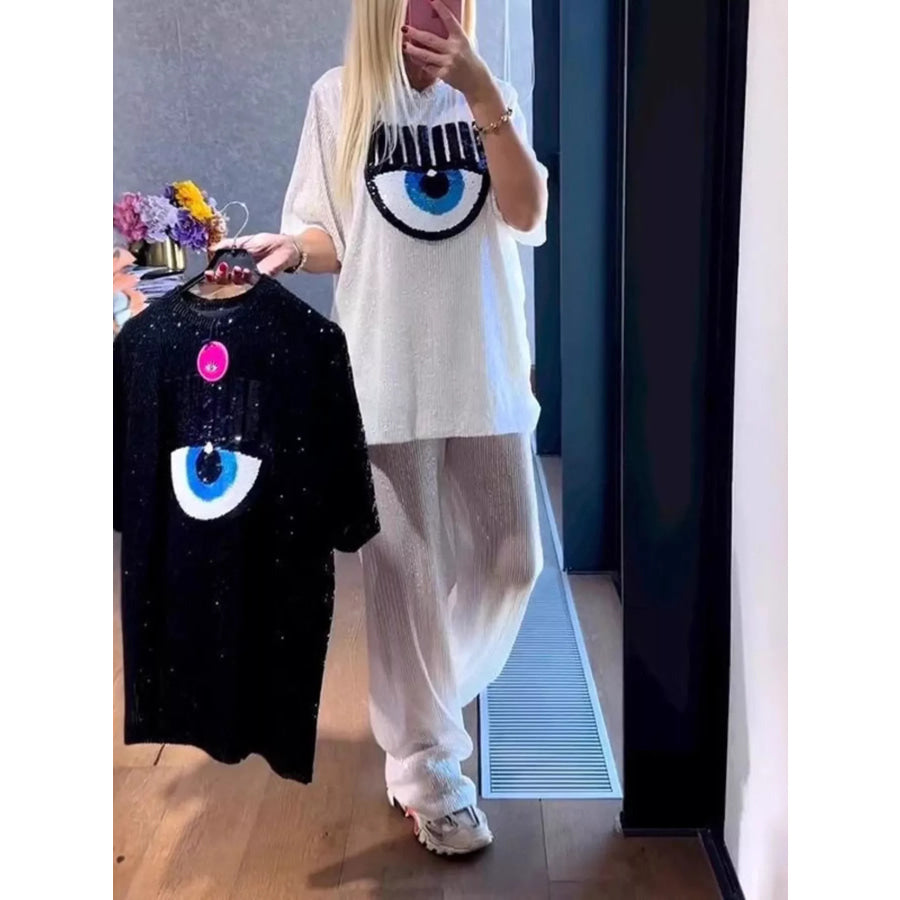 Full Size Eye-Pattern Round Neck Top and Pants Two-Piece Set Plus Size White / S Apparel and Accessories