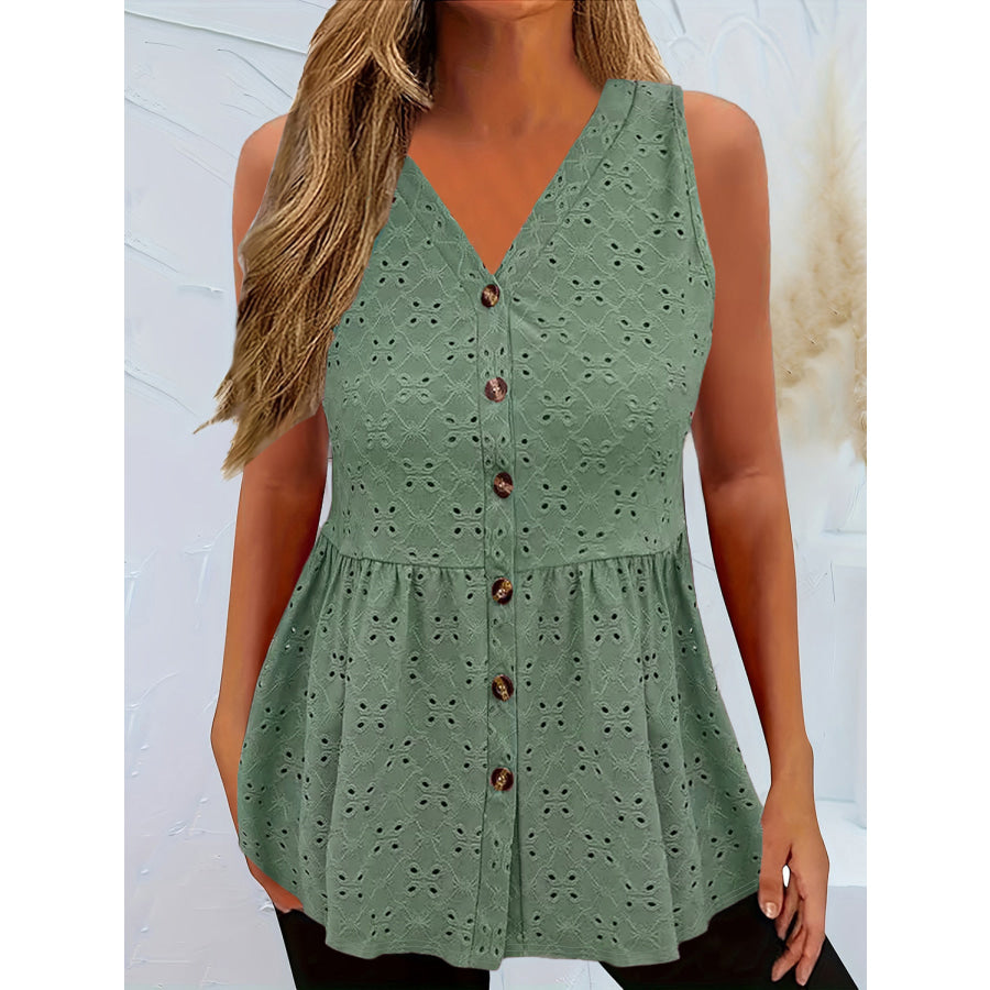 Full Size Eyelet Button Up V-Neck Tank Sage / S Apparel and Accessories