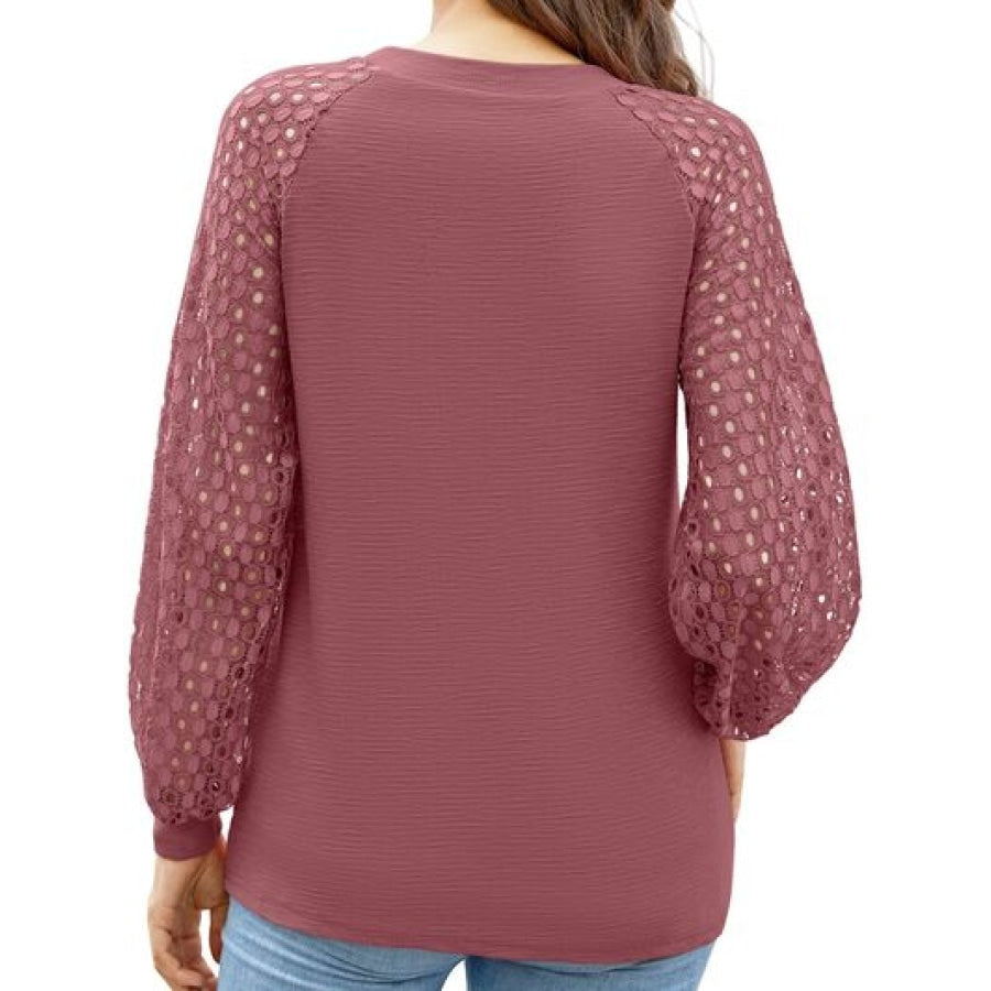 Full Size Eyelet Round Neck Long Sleeve T-Shirt Clothing