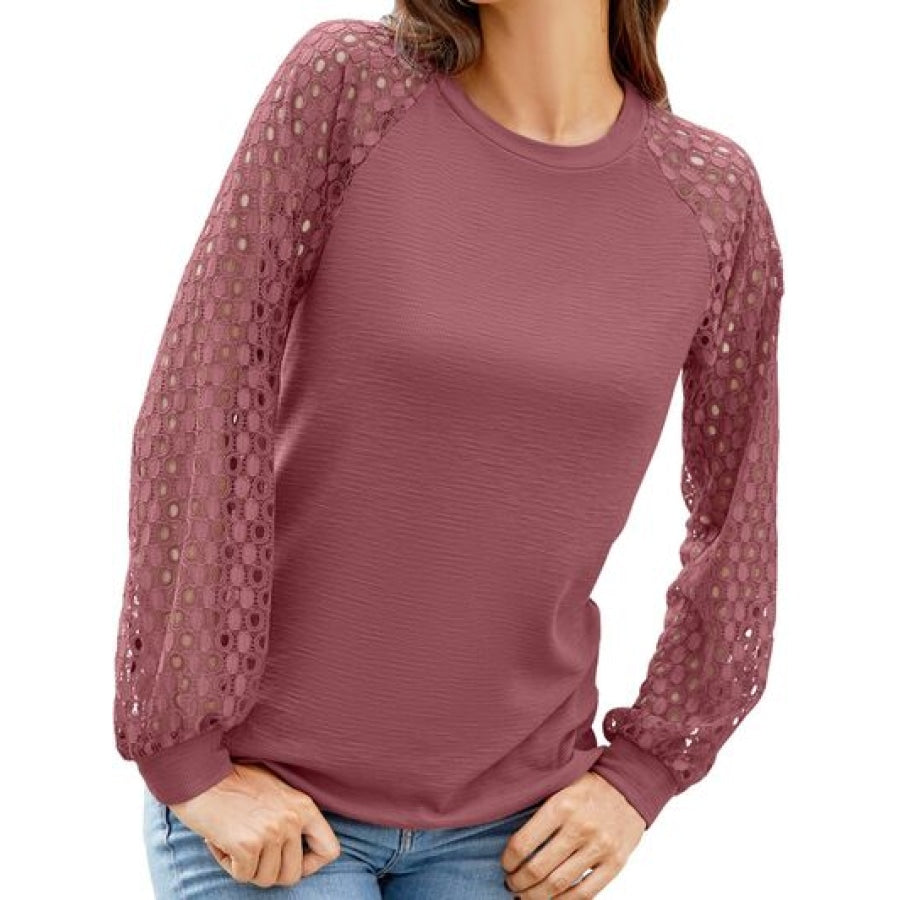 Full Size Eyelet Round Neck Long Sleeve T-Shirt Clothing