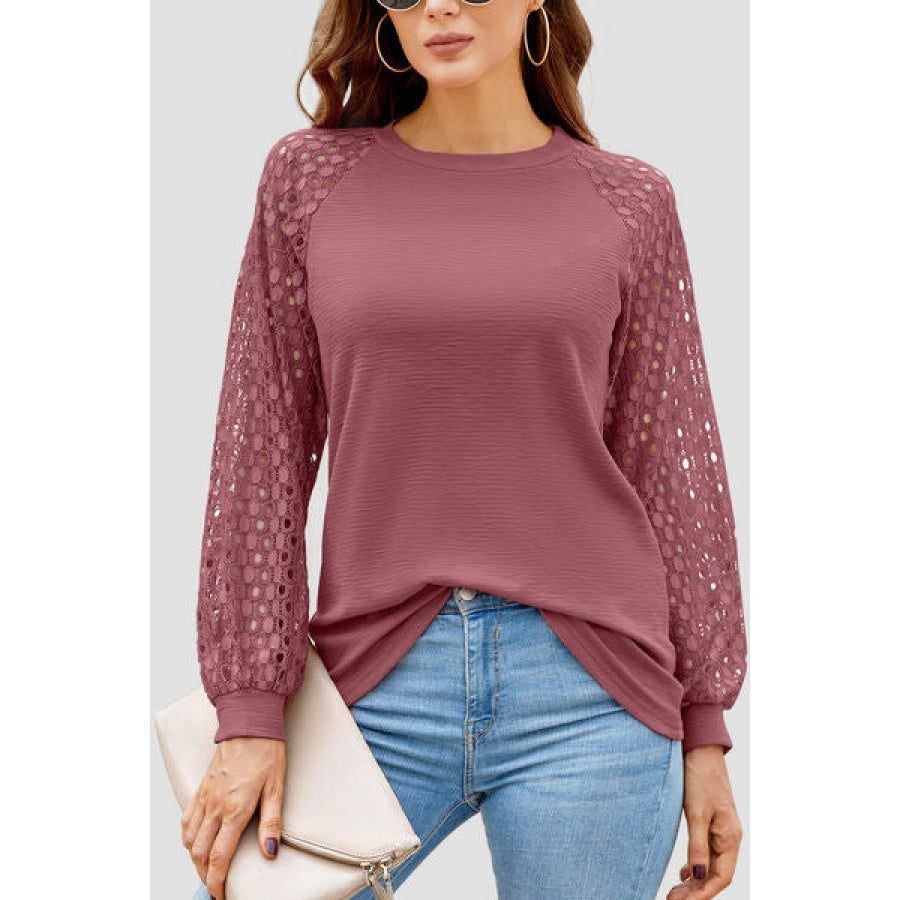 Full Size Eyelet Round Neck Long Sleeve T-Shirt Light Mauve / S Clothing