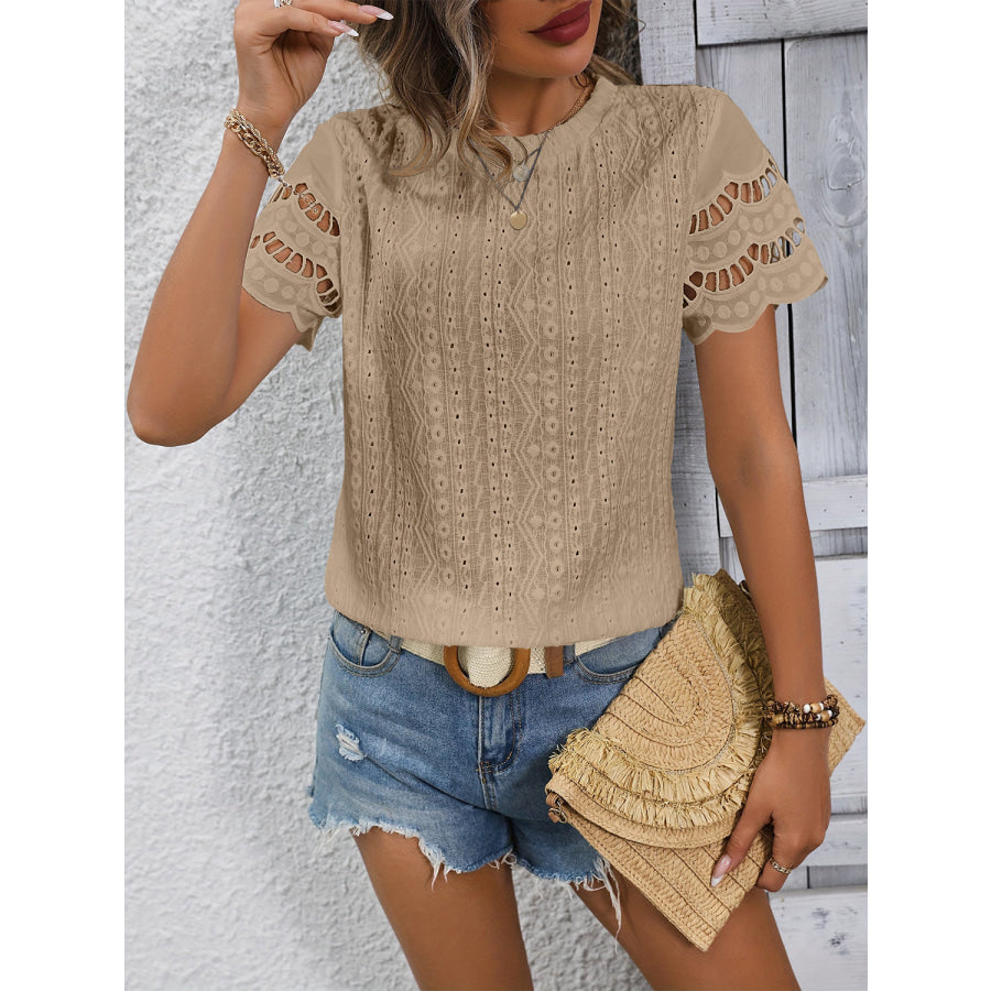 Full Size Eyelet Round Neck Short Sleeve Top Apparel and Accessories