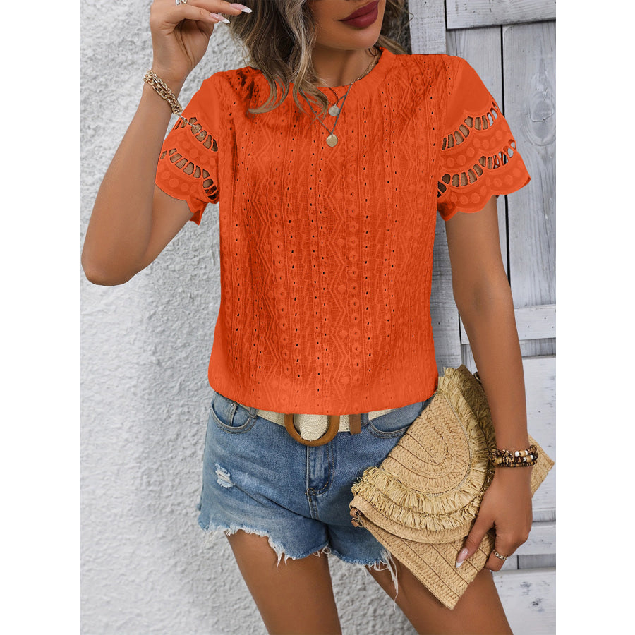 Full Size Eyelet Round Neck Short Sleeve Top Apparel and Accessories