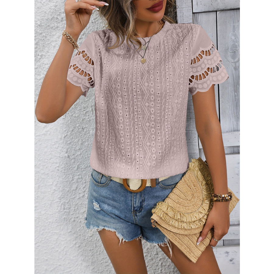 Full Size Eyelet Round Neck Short Sleeve Top Apparel and Accessories