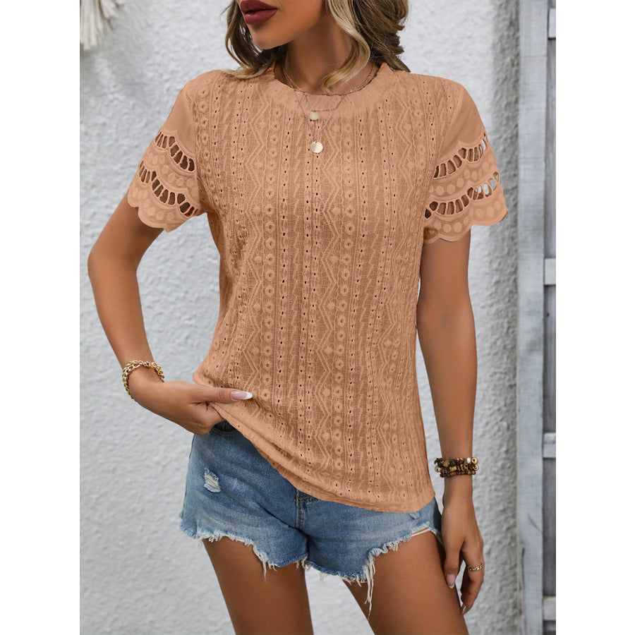 Full Size Eyelet Round Neck Short Sleeve Top Apparel and Accessories