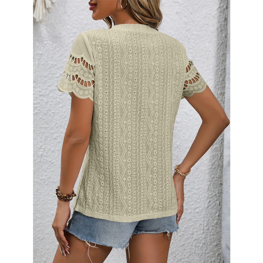Full Size Eyelet Round Neck Short Sleeve Top Apparel and Accessories