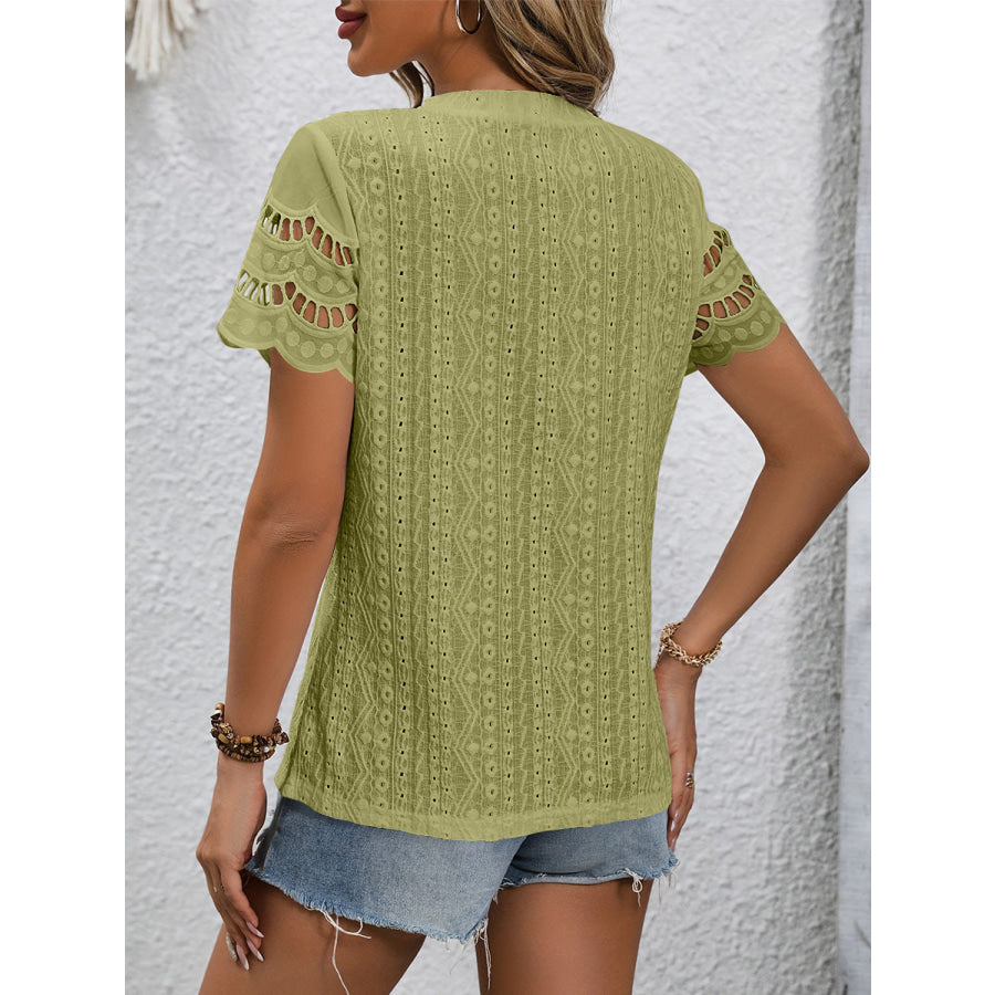 Full Size Eyelet Round Neck Short Sleeve Top Apparel and Accessories