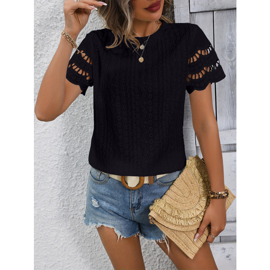 Full Size Eyelet Round Neck Short Sleeve Top Black / S Apparel and Accessories