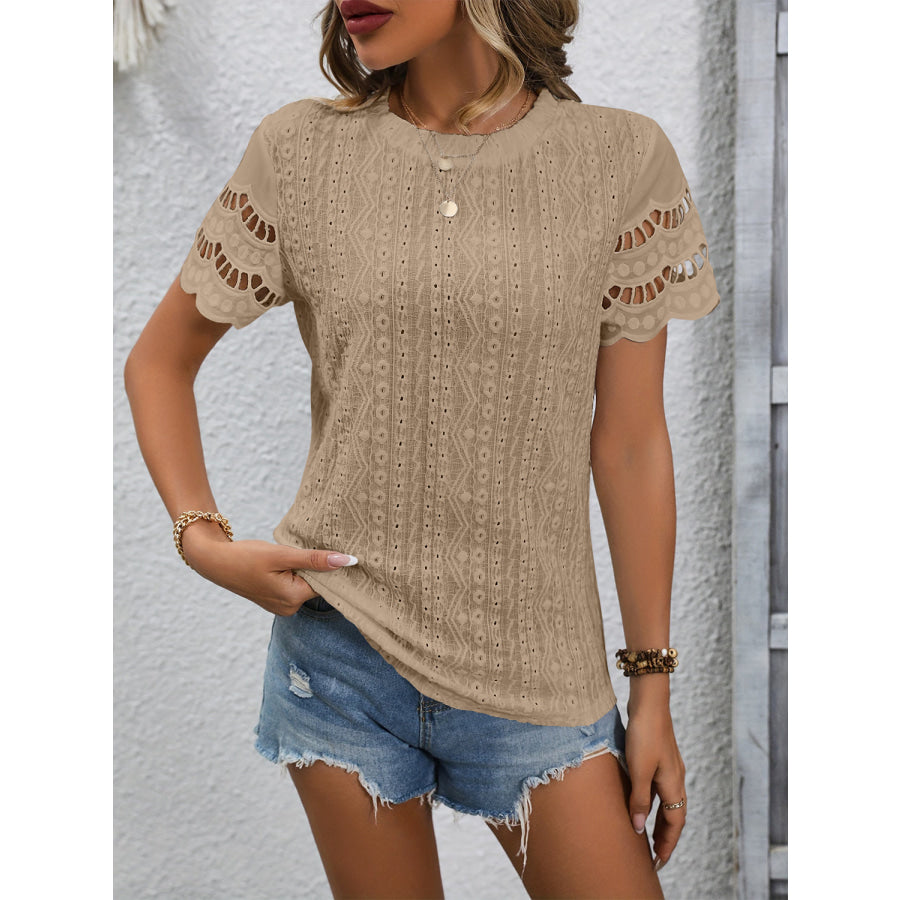 Full Size Eyelet Round Neck Short Sleeve Top Camel / S Apparel and Accessories