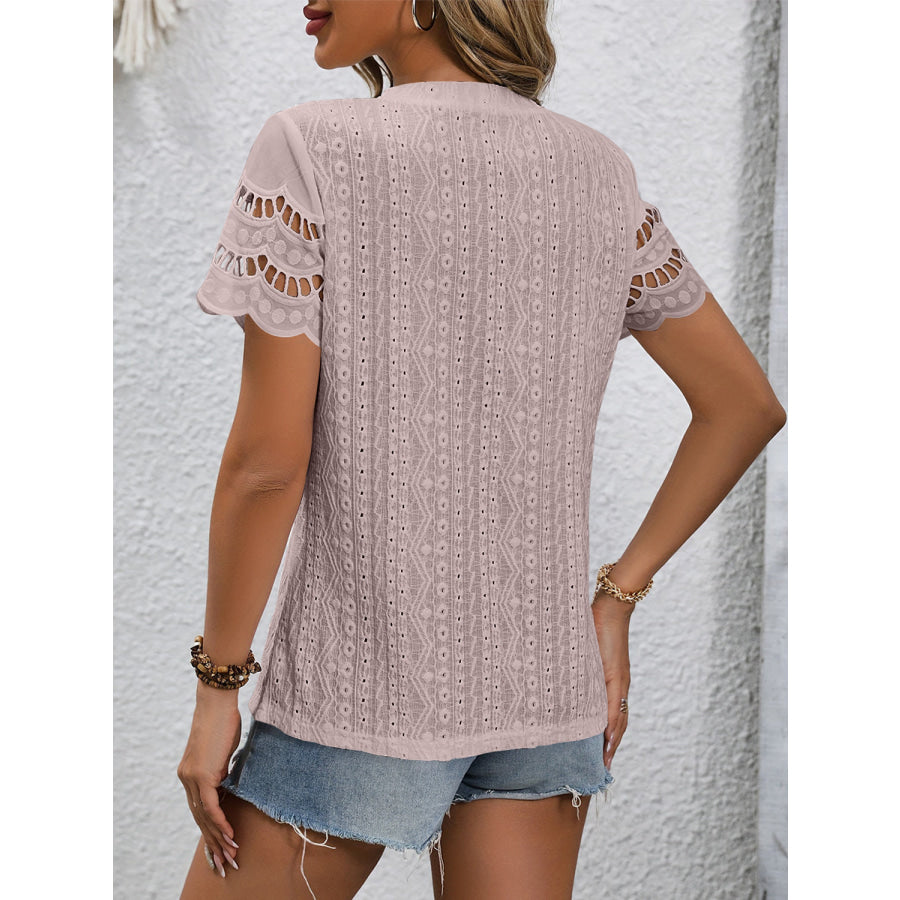 Full Size Eyelet Round Neck Short Sleeve Top Lavender / S Apparel and Accessories