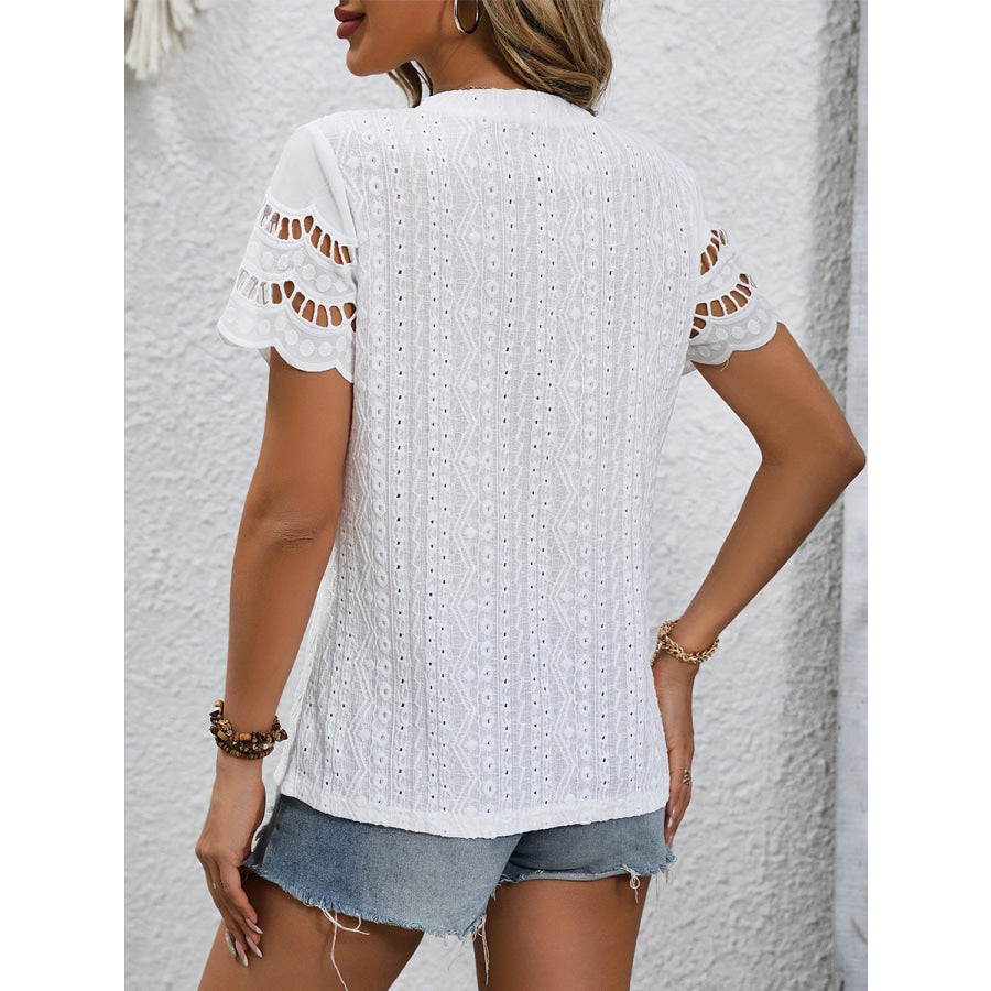 Full Size Eyelet Round Neck Short Sleeve Top White / S Apparel and Accessories