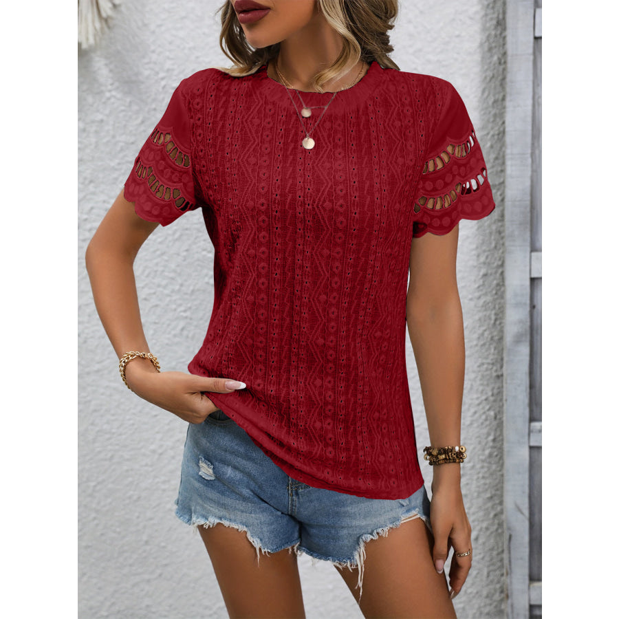 Full Size Eyelet Round Neck Short Sleeve Top Wine / S Apparel and Accessories