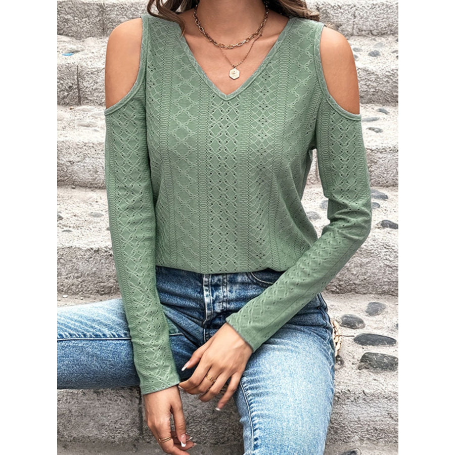 Full Size Eyelet V-Neck Cold Shoulder T-Shirt Apparel and Accessories