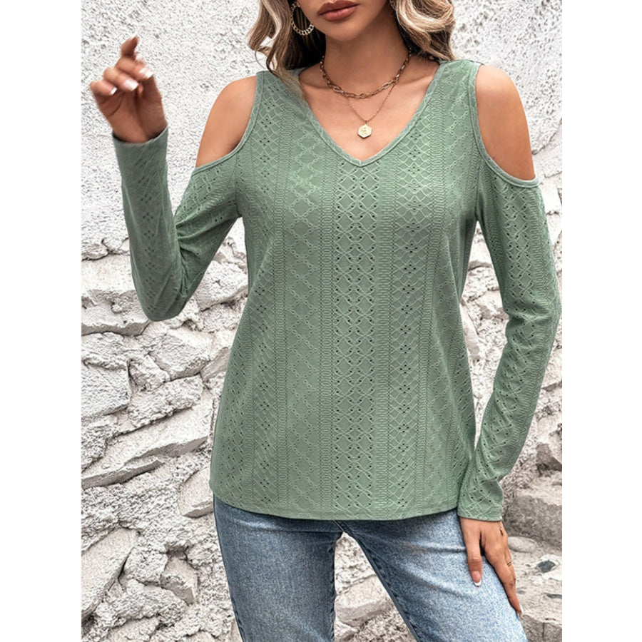 Full Size Eyelet V-Neck Cold Shoulder T-Shirt Apparel and Accessories