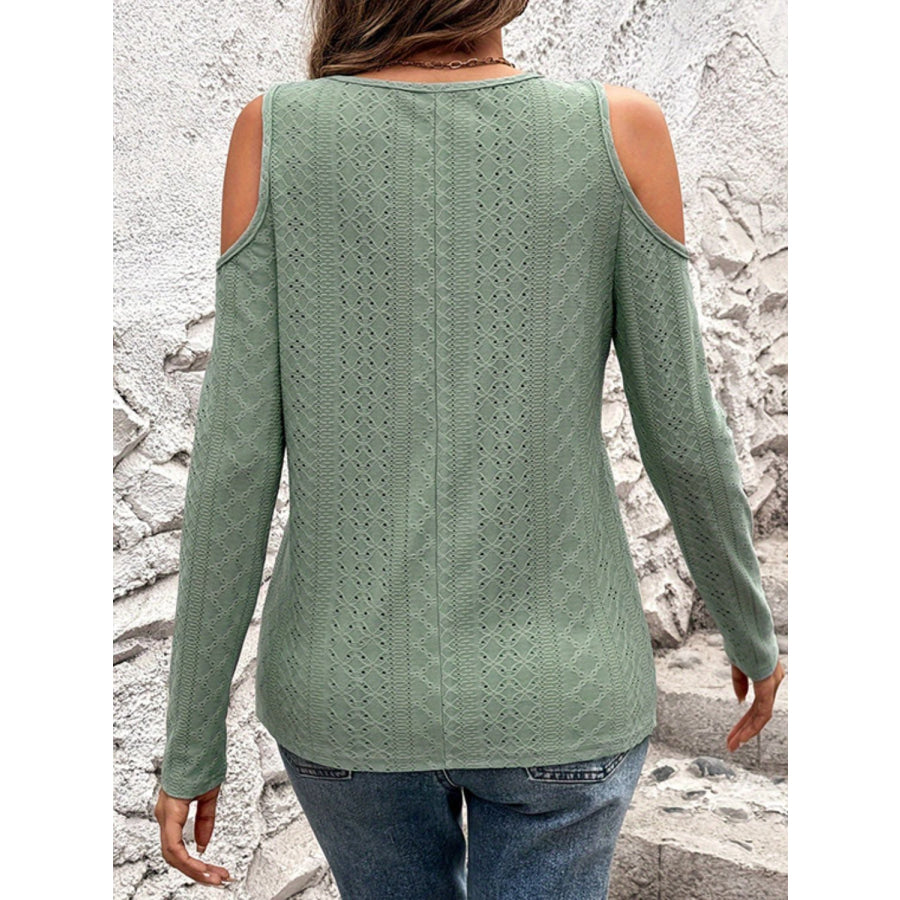 Full Size Eyelet V-Neck Cold Shoulder T-Shirt Sage / S Apparel and Accessories