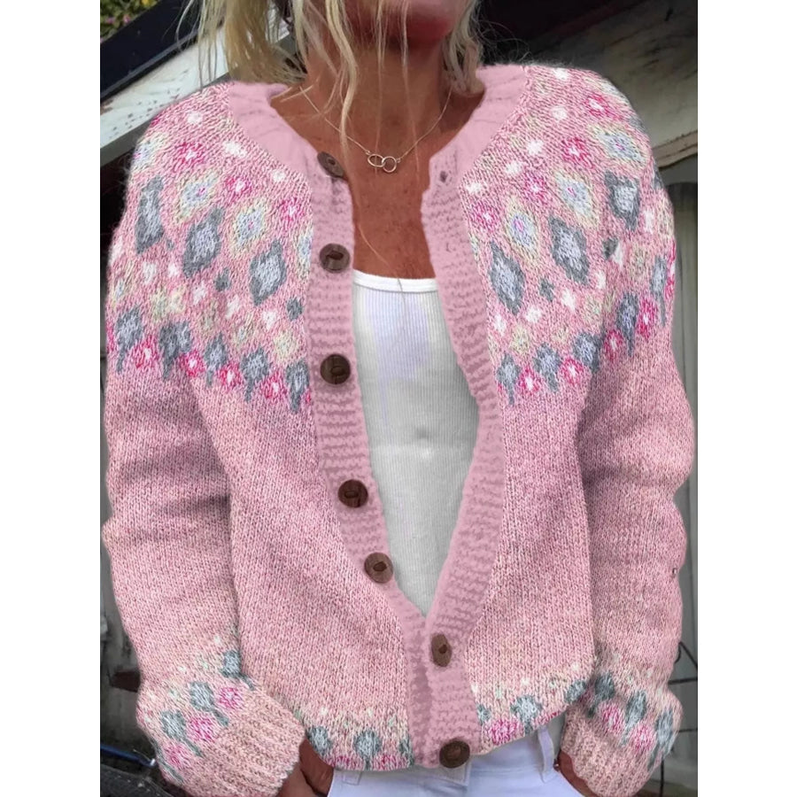 Full Size Fair Isle Patterned Pink Knit Cardigan Plus Pink-8722 / S Apparel and Accessories