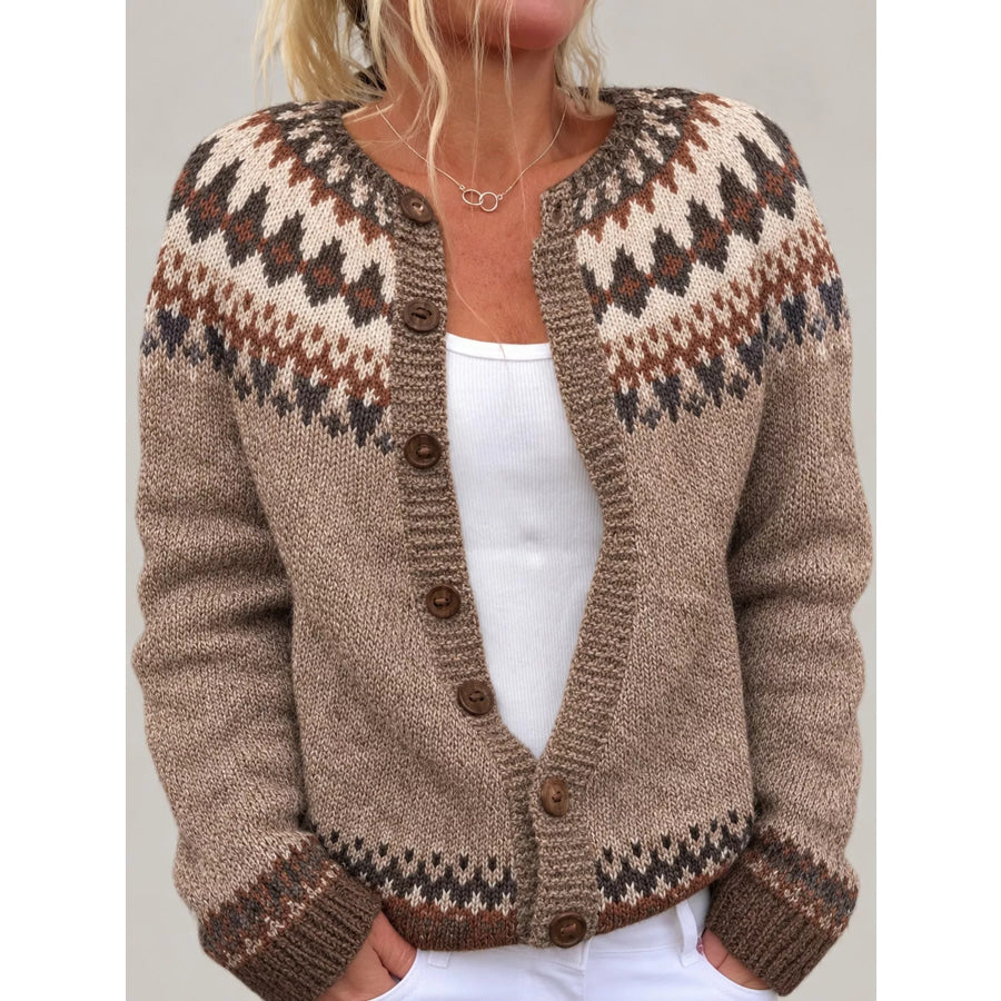 Full Size Fair Isle Patterned Pink Knit Cardigan Plus 8927 / S Apparel and Accessories