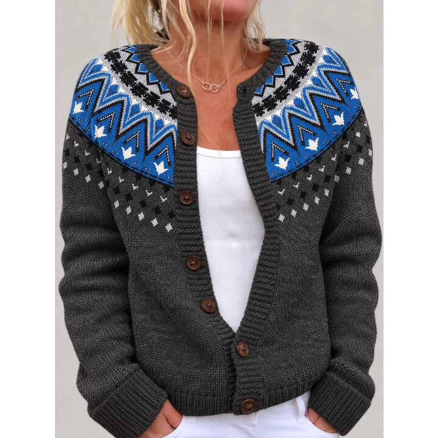 Full Size Fair Isle Patterned Pink Knit Cardigan Plus 8939 / S Apparel and Accessories