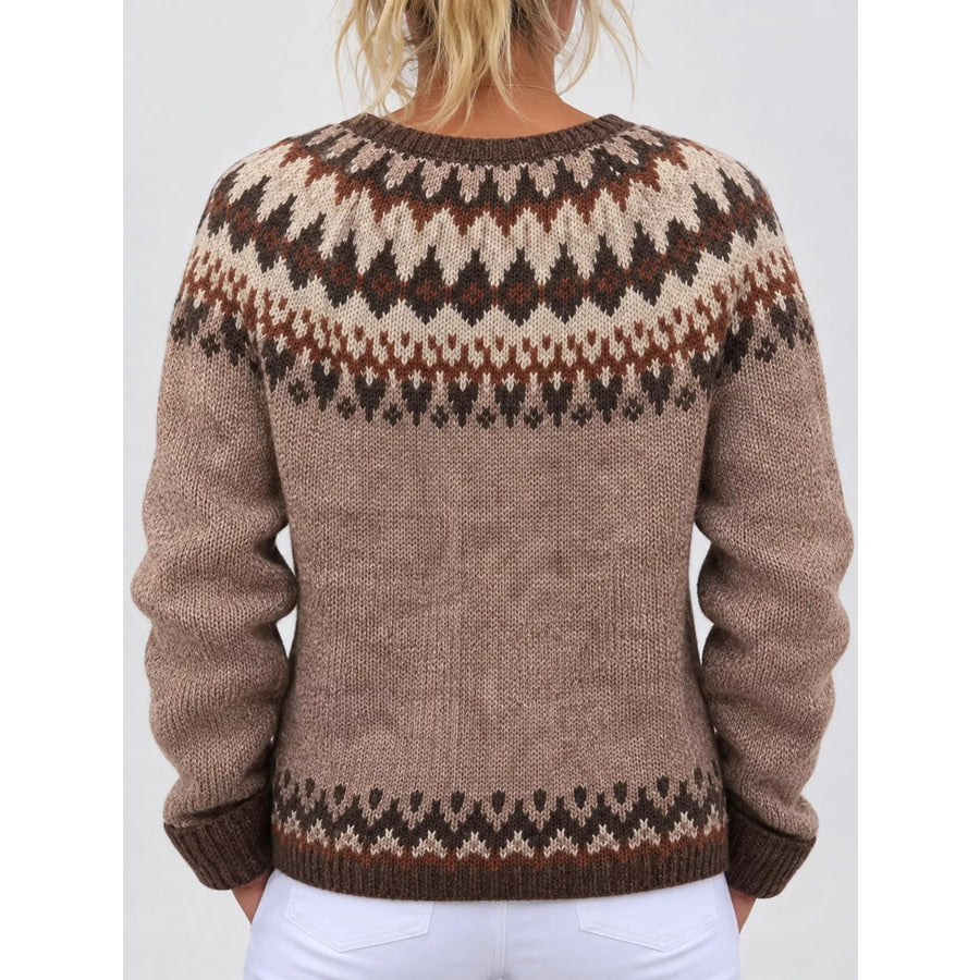 Full Size Fair Isle Patterned Pink Knit Cardigan Plus Apparel and Accessories