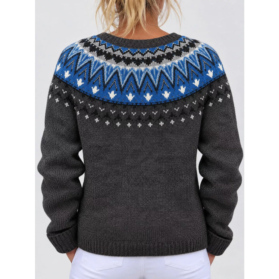 Full Size Fair Isle Patterned Pink Knit Cardigan Plus Apparel and Accessories