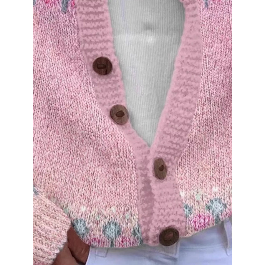 Full Size Fair Isle Patterned Pink Knit Cardigan Plus Apparel and Accessories