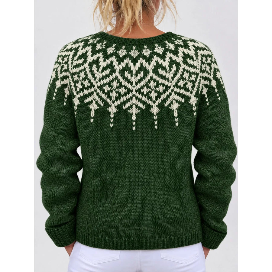 Full Size Fair Isle Patterned Pink Knit Cardigan Plus Apparel and Accessories