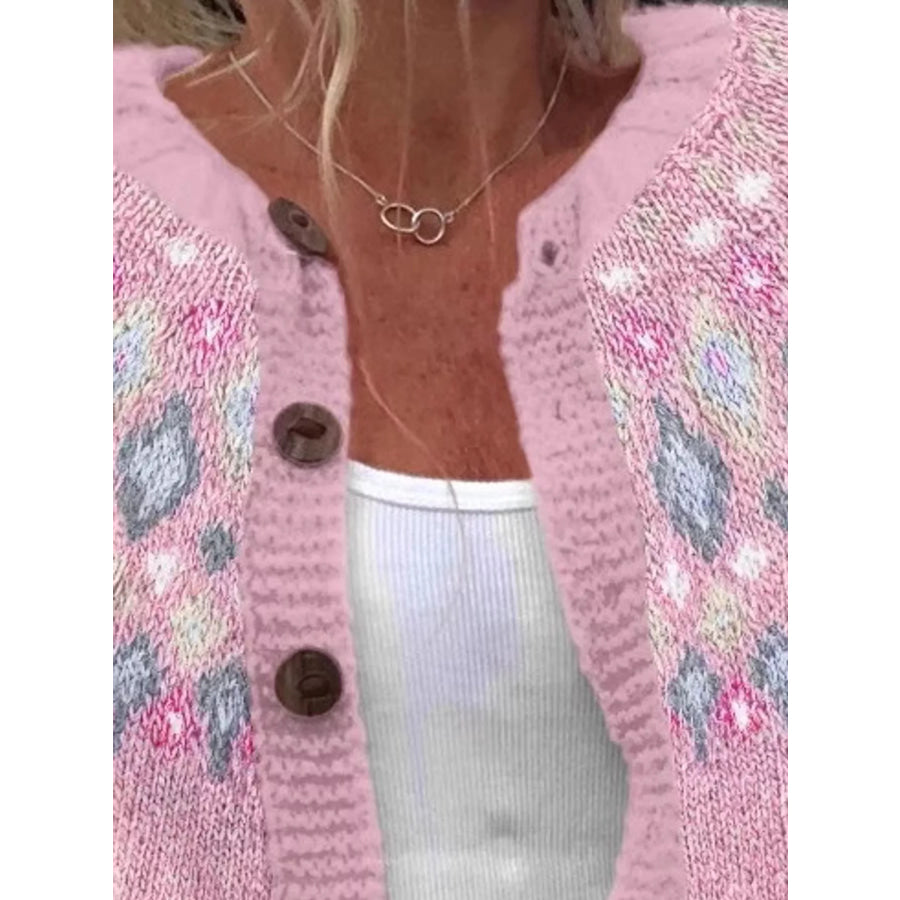 Full Size Fair Isle Patterned Pink Knit Cardigan Plus Pink-8722 / S Apparel and Accessories