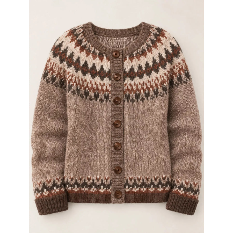 Full Size Fair Isle Patterned Pink Knit Cardigan Plus Apparel and Accessories