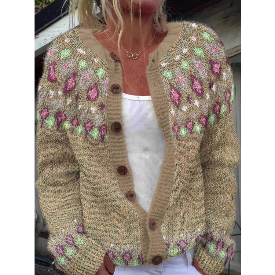 Full Size Fair Isle Patterned Pink Knit Cardigan Plus Khaki-8722 / S Apparel and Accessories