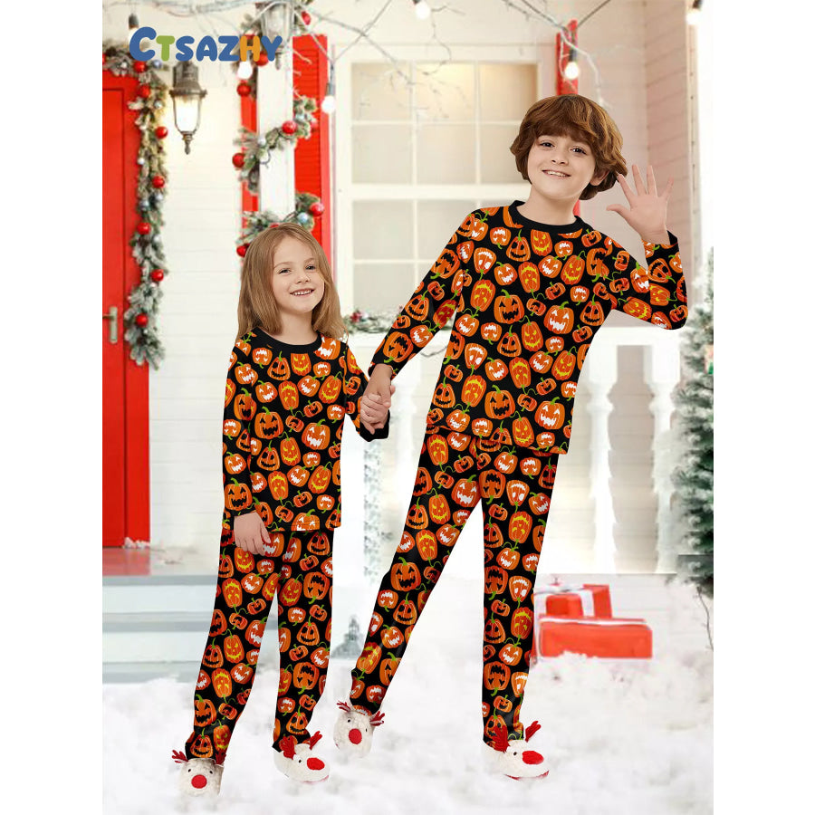 Full Size Family Matching Halloween Pumpkin Print Pajama Set Plus Kid / S Apparel and Accessories