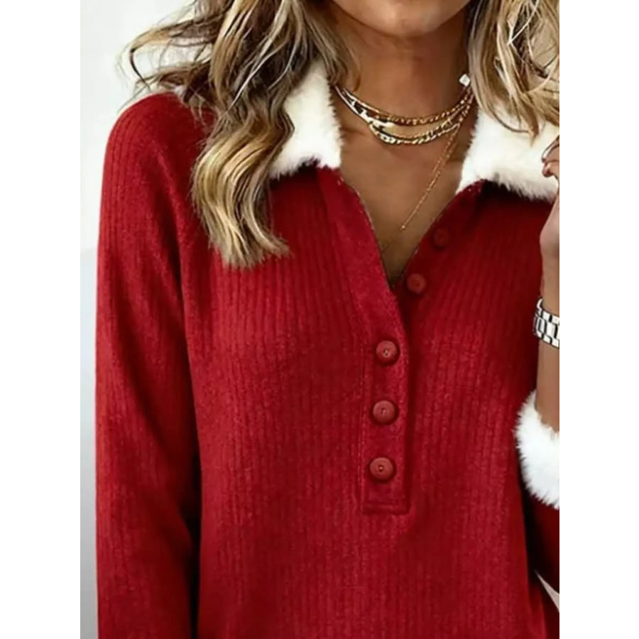 Full Size Faux Fur Trim Collar and Cuffs Sweater Plus Size Apparel and Accessories